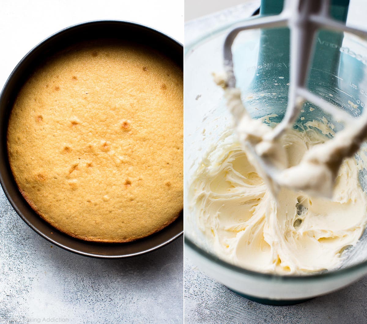2 images of vanilla cake in a cake pan after baking and vanilla frosting in a glass bowl with a paddle attachment