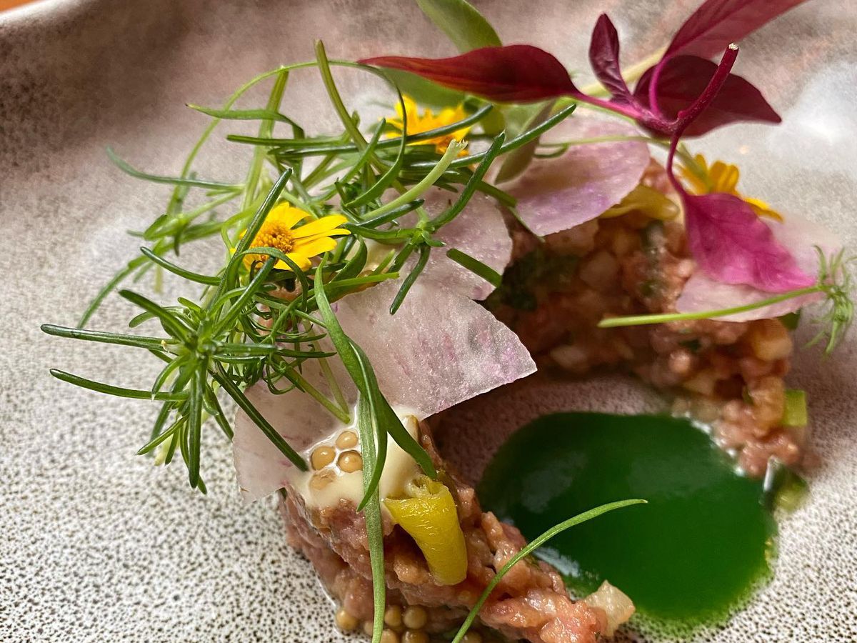 An artful plate of beef tartare with large rosemary sprigs and edible flowers. 