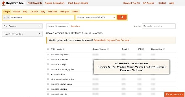 Keywordtool - Phần mềm SEO hỗ trợ tìm kiếm từ khóa hiệu quả