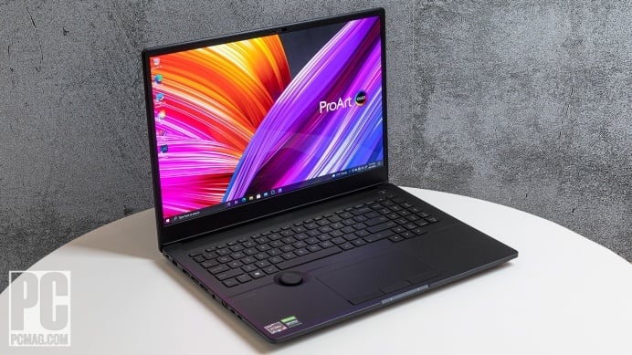 The Asus ProArt Studiobook 16 OLED (H5600) creators laptop seen from an angle