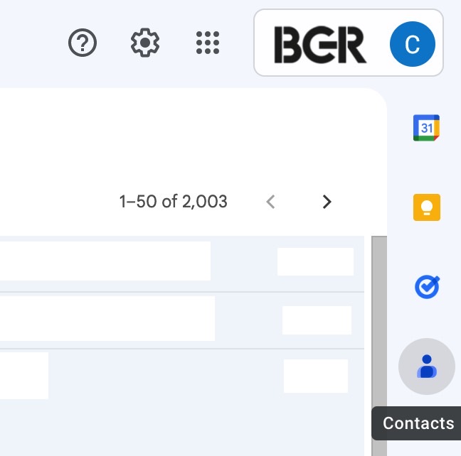 The Contacts app in the side panel of Gmail on desktop.